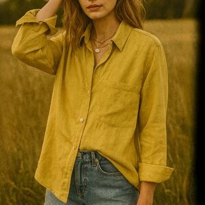 Isabella Bird Mustard Yellow Linen Blend Button Down Blouse Size XL